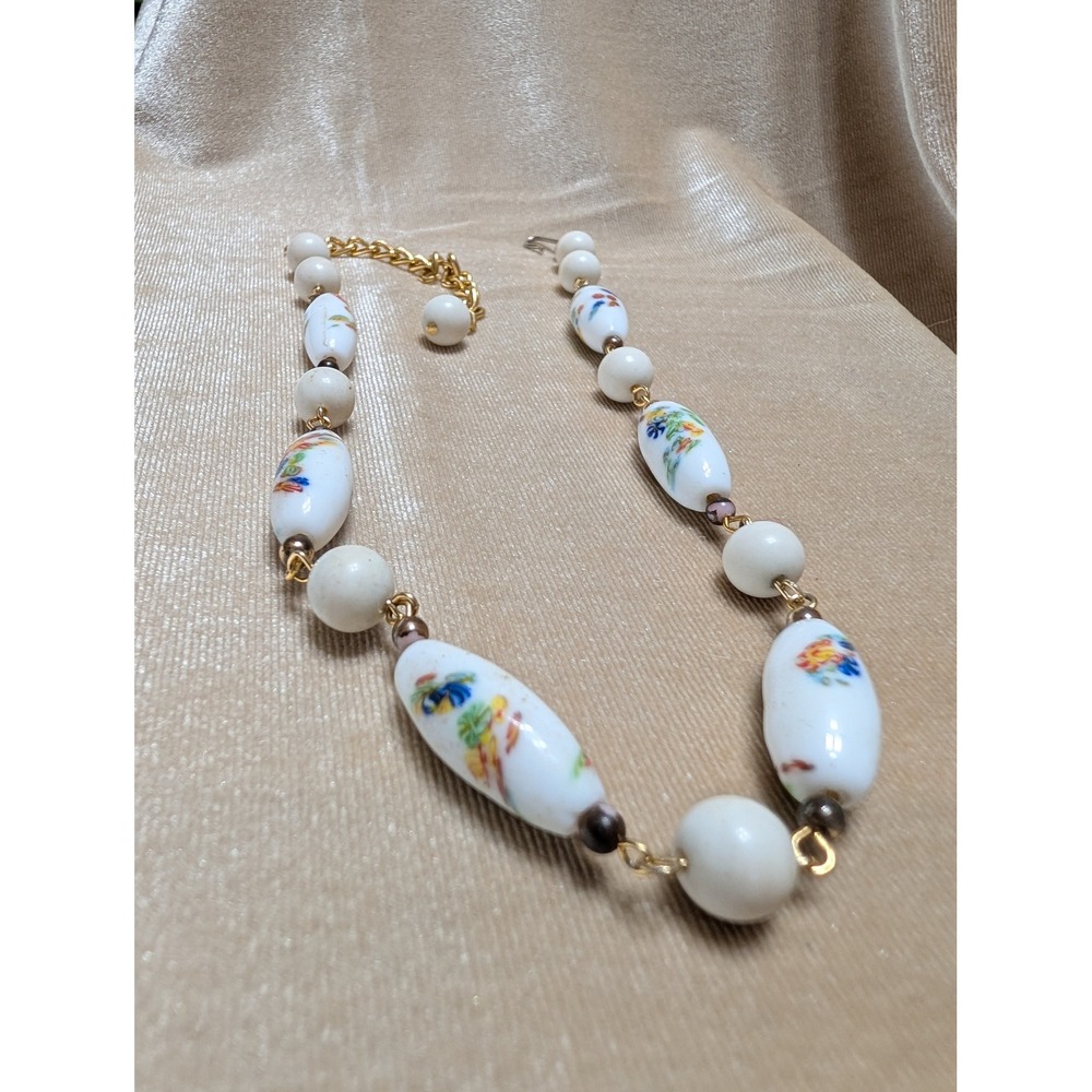 Vintage Hand Painted Floral Milk Glass Bead Necklace Gold Tone Hook 16 Inch